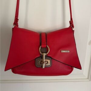 Wittchen Coral Red Leather Crossbody Bag | Bow Flap | Gold Hardware